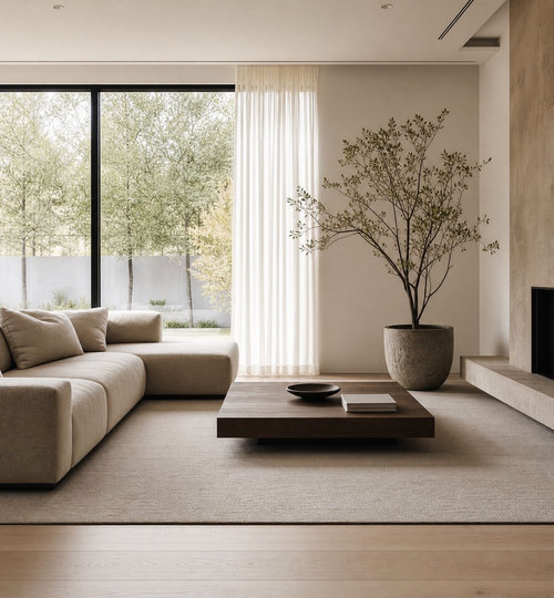 A clean and airy minimalist living room with a beige sofa and natural light.