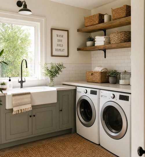 Organized farmhouse laundry room with an apron sink, white tiles, and wooden shelves.