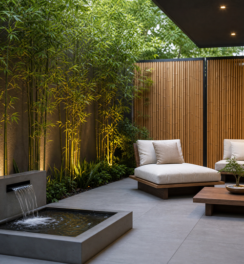 Peaceful Zen patio with bamboo screens, a small water feature, and stone flooring.