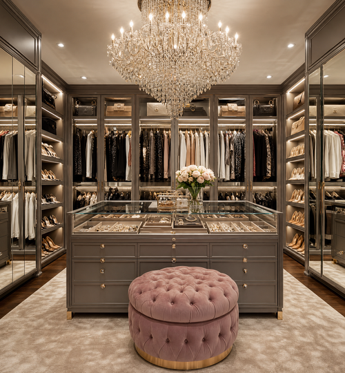 High-end glam closet with a crystal chandelier, velvet ottoman, and organized displays.