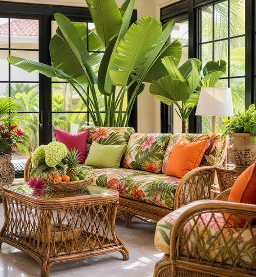 Tropical sunroom with rattan furniture, large green plants, and vibrant cushions.