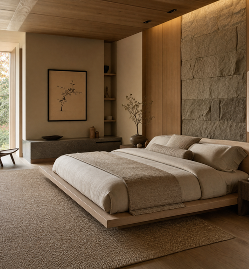 Japandi style bedroom with a low platform bed, neutral tones, and minimalist stone accents.