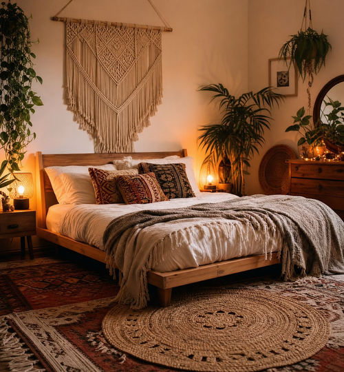 Bohemian style bedroom with macrame wall art, layered rugs, and warm lighting.