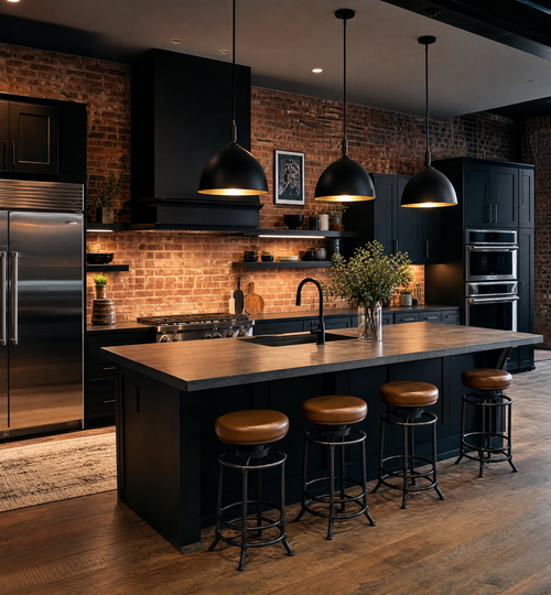 Industrial kitchen with exposed brick walls, matte black cabinets, and pendant lighting.