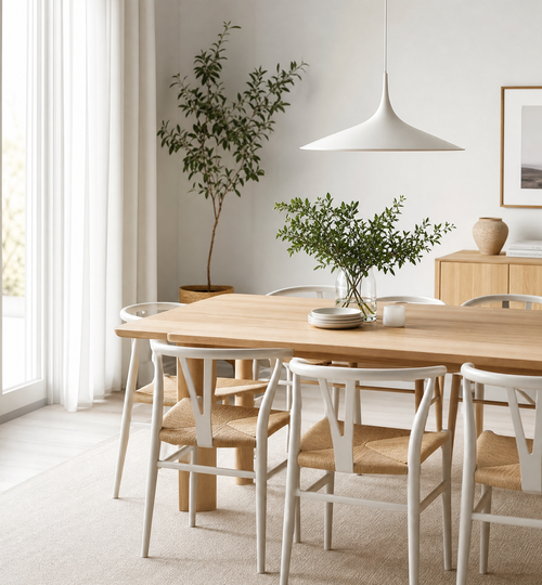 Scandinavian dining room with light wood furniture and a minimalist white aesthetic.