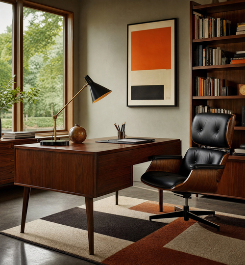 Mid-century modern workspace with a walnut desk, geometric rug, and vintage decor.