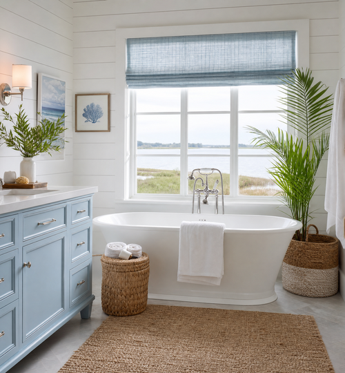 Coastal style bathroom with light blue accents, shiplap walls, and a large soaking tub.