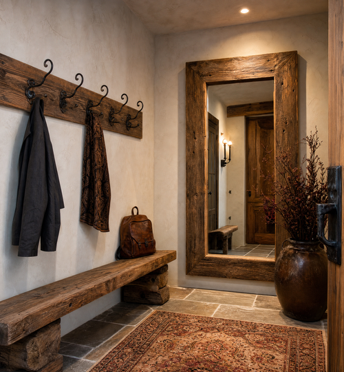 Rustic home entryway with a reclaimed wood bench, stone floor, and large mirror.
