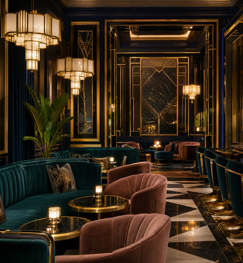 Luxurious Art Deco living space with velvet furniture and gold geometric accents.