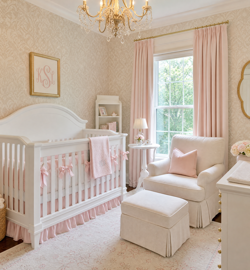 Elegant traditional nursery with a white crib, pastel colors, and soft floral wallpaper.